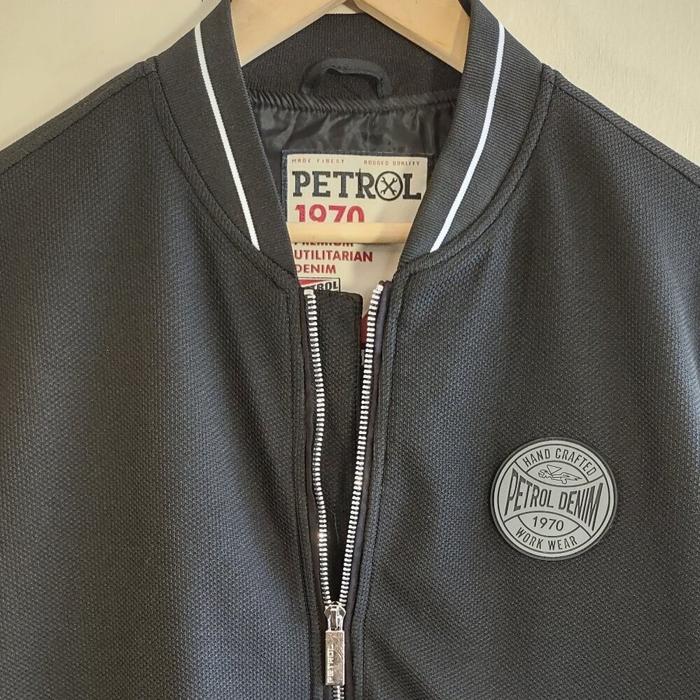 Petrol Denim Black Bomber Jacket Men's Medium Retro Gas & Oil Full Zip Pockets - Picture 4 of 14